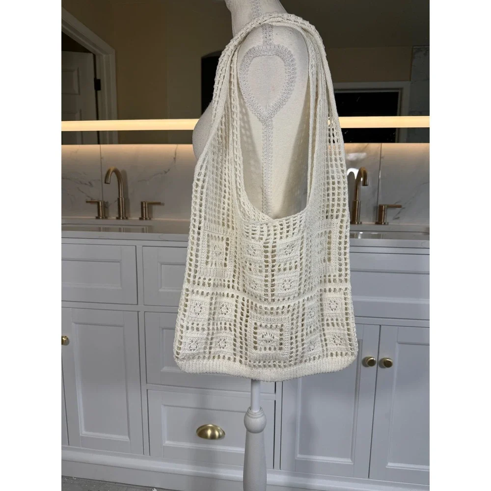 Crochet Mesh Tote Bag Women OS Ivory Open Knit Boho Shoulder Market Beach Bag